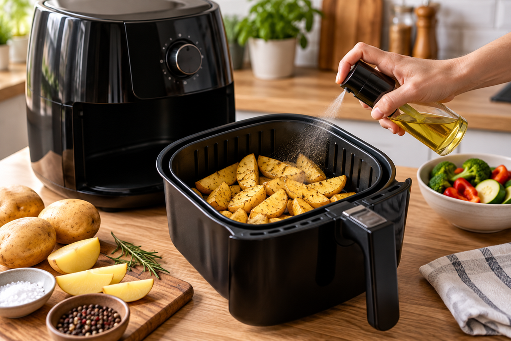 Huile pulvérisée sur des pommes de terre dans le panier d’un Air Fryer