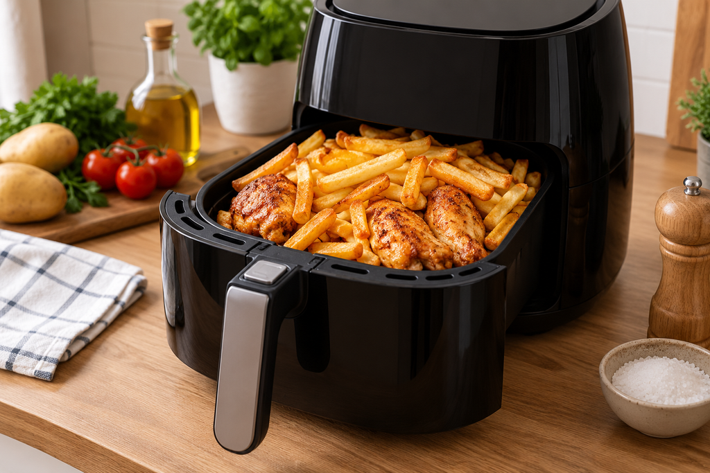 Air Fryer avec panier surchargé de frites et de poulet