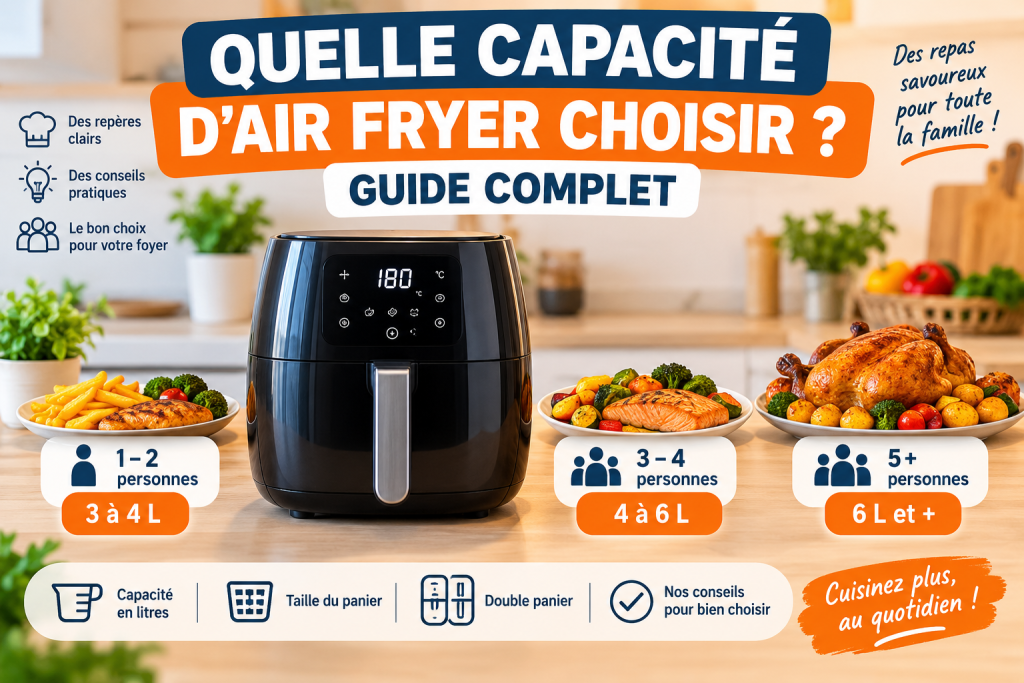 Air Fryer noir avec capacités recommandées selon le nombre de personnes