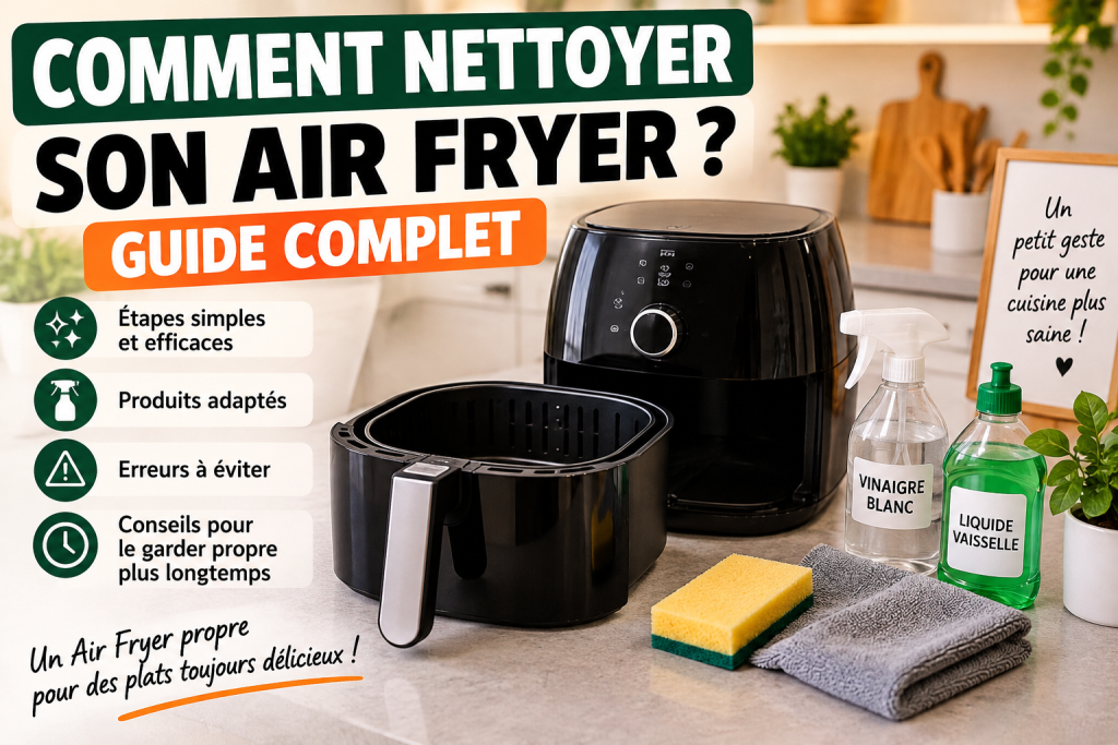 Nettoyage d’un Air Fryer noir avec panier, éponge et chiffon