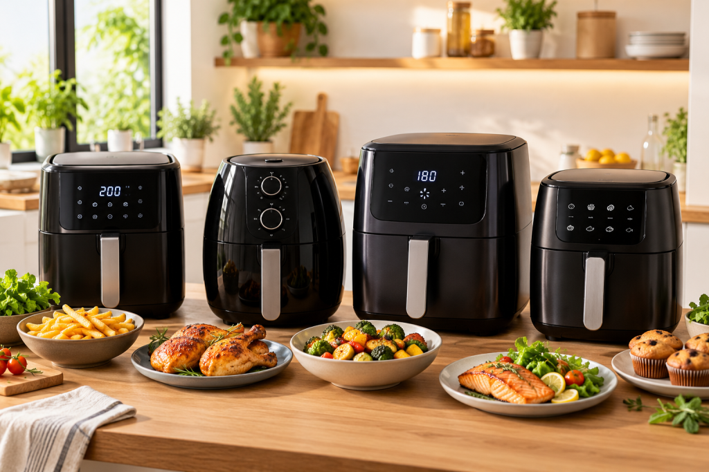 Plusieurs Air Fryers noirs comparés dans une cuisine moderne