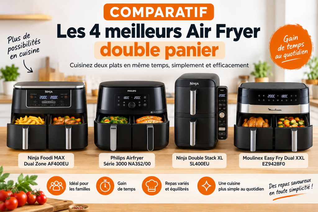 Comparatif de quatre Air Fryers double panier dans une cuisine moderne