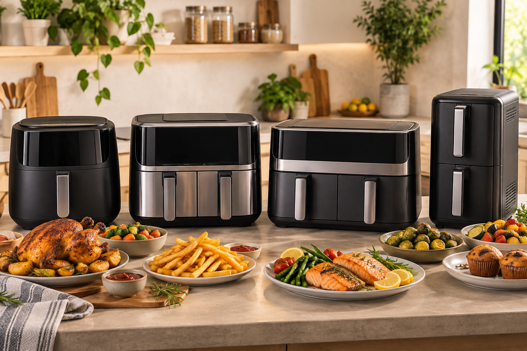 Plusieurs Air Fryers grande capacité comparés dans une cuisine moderne
