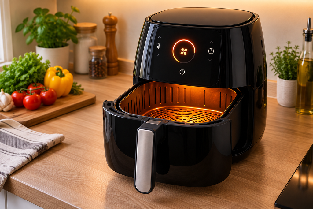 Air Fryer noir en cours de préchauffage dans une cuisine moderne