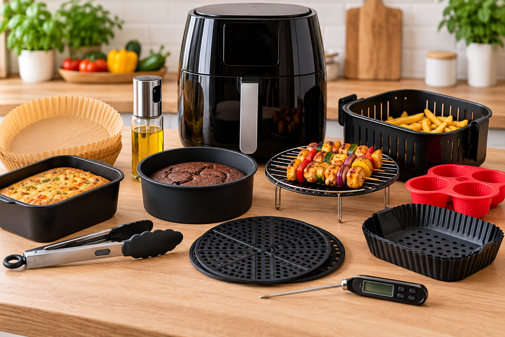 Accessoires Air Fryer disposés autour d'une friteuse sans huile : moules, pince, grille, vaporisateur d'huile et thermomètre de cuisson.