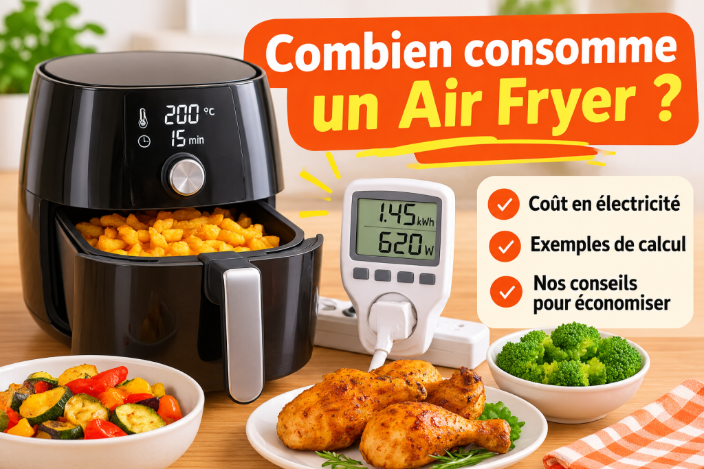 Air Fryer avec wattmètre illustrant la consommation électrique, le coût d'utilisation et les économies possibles.