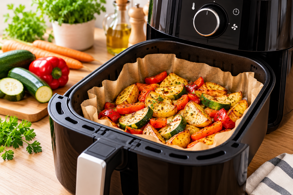 Panier d’Air Fryer ouvert avec du papier cuisson sous des légumes rôtis